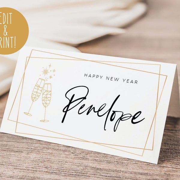 New Years Eve Name Cards, Editable Name Place Cards for New Year's, 2024 NYE Name Place Cards Printable, White & Gold Foldable Name Card DIY