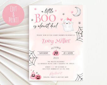Szablon zaproszenia na baby shower "A Little Boo Is Near Due", różowe zaproszenie na baby shower w stylu Halloween, zaproszenie na baby shower dla dziewczynki, zaproszenie na Little Boo