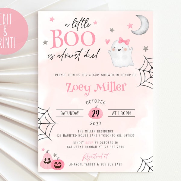 A Little Boo Is Almost Due Baby Shower Invitation Template, Halloween Pink Baby Shower Invite, Girl Baby Shower Evite, Little Boo Invitation
