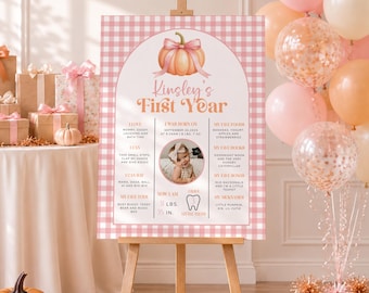 Little Pumpkin 1st Birthday Milestone Board, Girl 1st Birthday Milestone Sign, Pink Pumpkin Party Printable Signage, Fall First Year Poster
