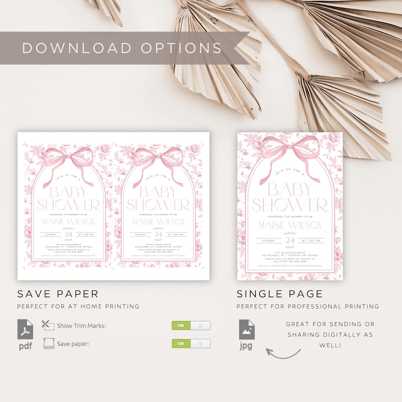 May include: Pink baby shower invitations with floral and bow designs. The invitations include the text "Baby Shower" and details for the event. Options for PDF and JPG downloads are shown.