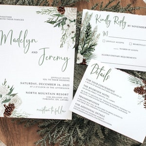 Modello di invito per matrimonio invernale, set di inviti per matrimonio natalizio, suite di inviti per matrimonio invernale rustico modificabile, RSVP e dettagli da scaricare