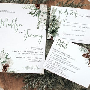 Winter Wedding Invitation Template, Christmas Wedding Invitation Set, Editable Rustic Winter Wedding Invite Suite, RSVP & Details Download