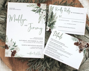 Winter Wedding Invitation Template, Christmas Wedding Invitation Set, Editable Rustic Winter Wedding Invite Suite, RSVP & Details Download