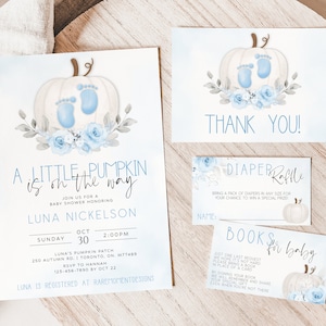 Pumpkin Baby Shower Invitation Template, Blue Pumpkin Baby Shower Invitation, Fall Baby Shower Invitation Pack, Baby Boy Shower Invite Kit