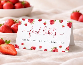 Berry First Birthday Food Labels Template, Strawberry Birthday Tent Fold Labels, Berry Party Name Place Cards, Editable Party Cards, Canva