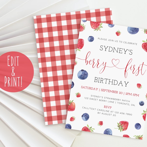 Berry First Birthday Invitation Template, Editable Berry Birthday Invite, Strawberry Evite, Berry First Birthday Invitation Digital Download