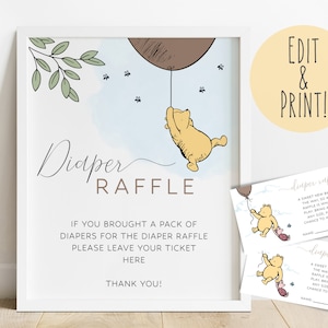Classic Winnie The Pooh Baby Shower Diaper Raffle Sign Template, Printable Diaper Raffle Drop Off Signage with Diaper Raffle Ticket Card