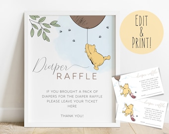 Modello classico di Winnie The Pooh per la lotteria dei pannolini per la baby shower, segnaletica stampabile per la consegna dei pannolini con il biglietto della lotteria dei pannolini