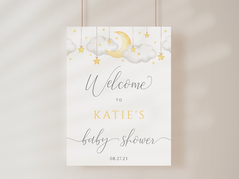 Moon and Stars Baby Shower Welcome Sign Template, Twinkle Twinkle Little Star Shower Welcome Board, Neutral Clouds Baby Shower Signage image 6