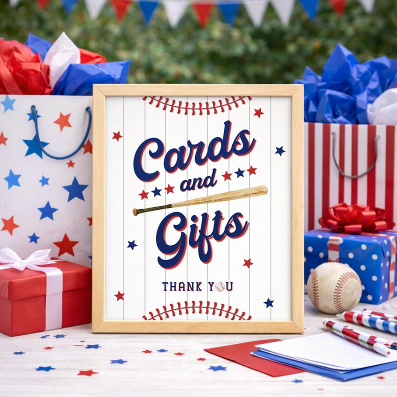 Rookie of the Year First Birthday Sign, Baseball Birthday Party Sign, Cards and Gifts Sign Printable, Rookie Year Boy Birthday Party Decor image 1