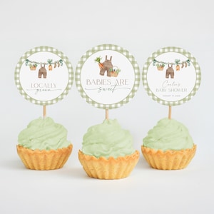 Locally Grown Baby Shower Cupcake Toppers, Farmers Market Baby Shower Decor, Gingham Baby Shower Dessert Topper Template, Customizable Favor