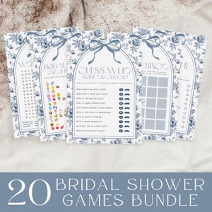 Chinoiserie Bridal Shower Games, Printable Bridal Shower Game Bundle, Dusty Blue Floral Bridal Shower Games, Blue Bow Bridal Shower Game Set