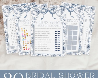 Chinoiserie Bridal Shower Games, Printable Bridal Shower Game Bundle, Dusty Blue Floral Bridal Shower Games, Blue Bow Bridal Shower Game Set