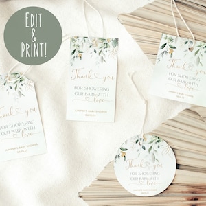 Greenery Baby Shower Favor Tags, Editable Green & Gold Favor Tag Template, Eucalyptus Baby Shower Thank You Tags, Oh Baby Hang Tags Download