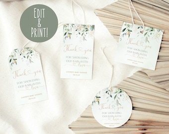 Etiquetas de favor de baby shower de vegetación, plantilla de etiqueta de favor editable de color verde y dorado, etiquetas de agradecimiento de baby shower de eucalipto, descarga de etiquetas colgantes de Oh Baby
