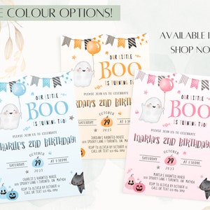 May include: Three printable Halloween birthday invitations featuring a cute ghost holding a balloon. The invitations are in blue, pink, and orange color schemes. The text on the invitations reads "Our Little Boo is turning two!" and includes the child's name, date, and time of the party.