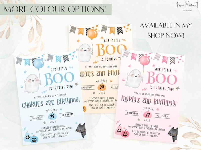 May include: Three printable Halloween birthday invitations featuring a cute ghost holding a balloon. The invitations are in blue, pink, and orange color schemes. The text on the invitations reads "Our Little Boo is turning two!" and includes the child's name, date, and time of the party.