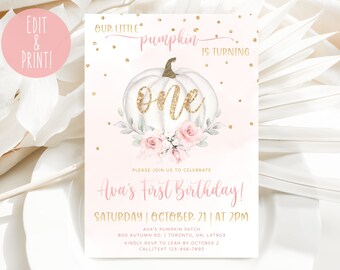 May include: A pink and gold first birthday invitation featuring a white pumpkin adorned with gold glitter and a floral arrangement. The text reads "Our little pumpkin is turning one" and "Ava's First Birthday!" with the date and time of the party.