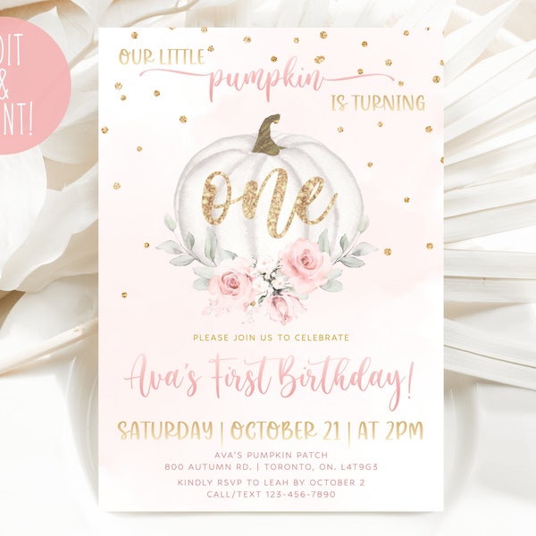 Pumpkin 1st Birthday Invitation Template, Our Little Pumpkin Is Turning One Invitation, Editable Girl Birthday Digital Invite, Fall Download