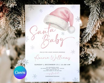 Op de afbeelding: Een uitnodiging voor een babyshower met een roze kerstmuts illustratie en de woorden "Santa Baby". De uitnodiging bevat de naam "Aurora Williams" en evenementdetails. Sneeuwvlokaccenten en het Canva-logo zijn ook zichtbaar.