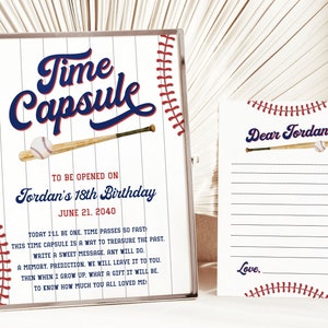 Capsule temporelle pour premier anniversaire de la recrue de l'année, capsule temporelle modifiable pour le 1er anniversaire, capsule temporelle d'anniversaire de baseball et lettre 8 x 10