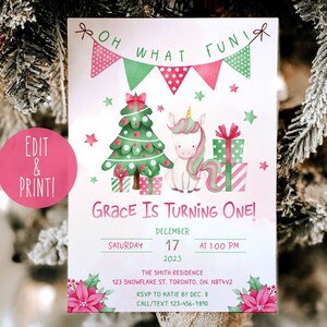 Winter Unicorn 1st Birthday Invitation Template, Christmas 1st Birthday Invite, Editable Unicorn Party Invite, Girl First Birthday Download