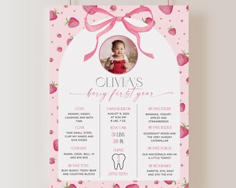 Berry First Birthday Milestone Sign Template, Strawberry Birthday My First Year, Berry 1st Birthday Stats Board, Girl 1st Birthday Signage