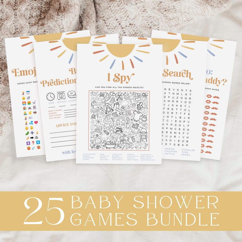 Sun Baby Shower Games Bundle, Here Comes the Son Baby Shower Games, Printable Boho Baby Shower Games Pack, Sunshine Shower Activity, Canva image 1