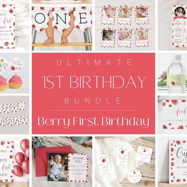 Berry First Birthday Invitation Bundle, Printable Strawberry 1st Birthday Set, Girl 1st Birthday Bundle, Red Berry Birthday DIY Party Decor