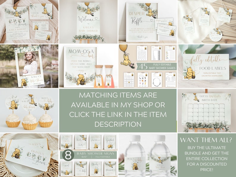 Peut inclure: Un ensemble de d&eacute;corations de f&ecirc;te pr&eacute;natale sur le th&egrave;me de Winnie l'ourson. Les d&eacute;corations comprennent des invitations, des &eacute;tiquettes alimentaires, des jeux, des pancartes et des &eacute;tiquettes pour bouteilles d'eau. Les d&eacute;corations sont toutes dans un sch&eacute;ma de couleurs vert clair et jaune avec une illustration mignonne de Winnie l'ourson.
