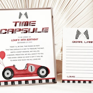 Capsule temporelle pour un anniversaire rapide, capsule temporelle modifiable pour le 1er anniversaire d'une voiture de course, enseigne capsule temporelle pour l'anniversaire d'un garçon et modèle de lettre à télécharger