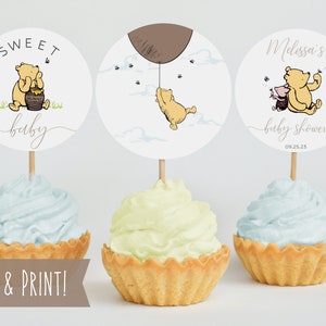 Classic Winnie The Pooh Baby Shower Cupcake Toppers Template, Printable Circle Baby Shower Dessert Toppers, Printable Baby Shower Toppers