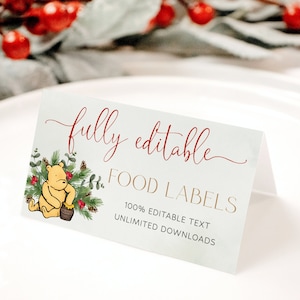 Winnie l'ourson Baby Shower Food Labels Template, Printable Dessert Label, Winter Pooh Bear Buffet Card, Christmas Baby Shower Food Cards