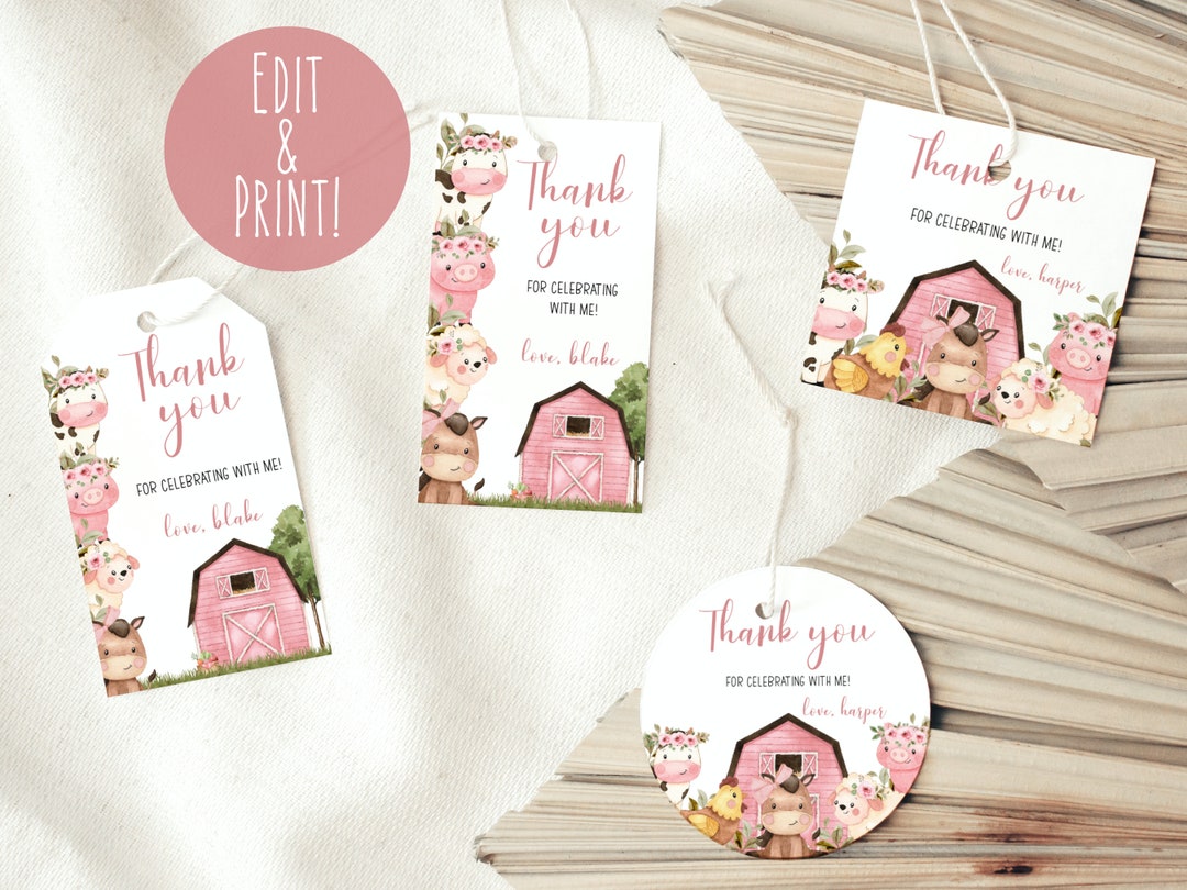 Pink Farm 1st Birthday Favor Tags Template, Printable Farm Animals ...