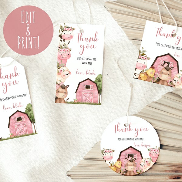 Pink Farm 1st Birthday Favor Tags Template, Printable Farm Animals Birthday Party Favours, Floral Girl Barnyard Bash Thank You Tags Download