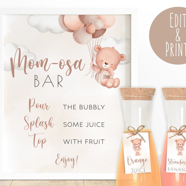 Teddy Bear Baby Shower Mom-osa Bar Sign, Editable Bear Baby Shower Momosa Bar, Neutral Shower Mimosa Bar Signage, Printable Baby Shower Sign