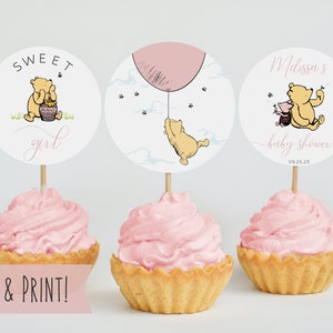 Winnie The Pooh Girl Baby Shower Cupcake Toppers Template, Printable Circle Baby Shower Dessert Toppers, Printable Pink Baby Shower Toppers
