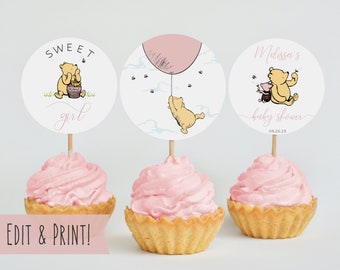 Winnie The Pooh Girl Baby Shower Cupcake Toppers Template, Printable Circle Baby Shower Dessert Toppers, Printable Pink Baby Shower Toppers