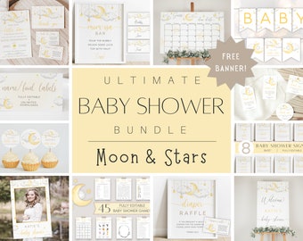 May include: A printable baby shower bundle with a moon and stars theme. The bundle includes invitations, food labels, games, signs, and a banner. The colors are yellow, white, and gray.