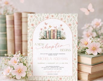 A New Chapter Begins Baby Shower Invitation, Baby Girl Pink Storybook Invite, Editable Canva Template