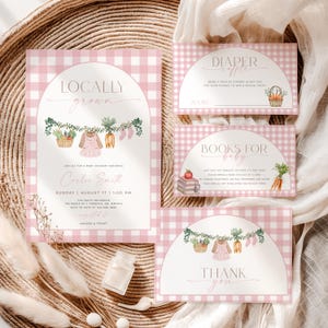 Lokal gewachsene Babypartyeinladung, Bauernmarkt-Babypartyeinladungspaket, rosa Lokal gewachsenes einladen, Mädchen-Babypartyeinladungs-Set