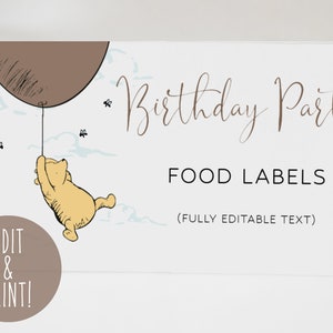 Modèles d'étiquettes alimentaires Winnie l'ourson classiques, cartes alimentaires imprimables à plat et pliables, 1er anniversaire de Winnie l'ourson, cartes de placement avec nom personnalisé
