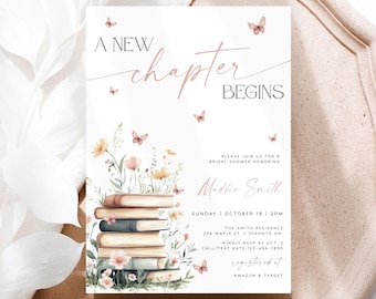 May include: A bridal shower invitation with the text "A New Chapter Begins." The invitation features a stack of books with floral and butterfly illustrations. The details include the honoree's name, date, time, and location.
