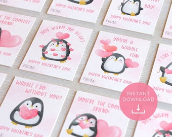 Tarjetas del Día de San Valentín de Penguin, San Valentín en el aula, San Valentín escolar imprimible, Tarjetas de San Valentín para niños para la guardería escolar, Descarga instantánea