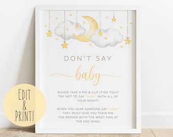 Moon and Stars Baby Shower Don't Say Baby Sign Template, Printable Clouds Baby Shower Game Signage, Baby Shower Dont Say Baby Printable Sign