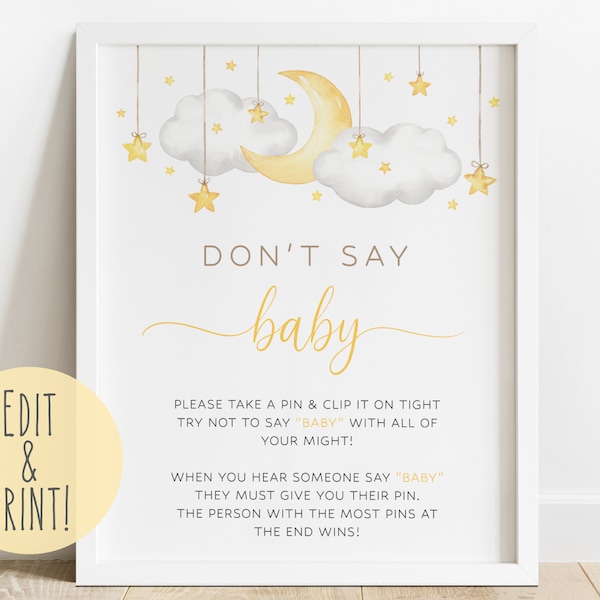 Moon and Stars Baby Shower Don't Say Baby Sign Template, Printable Clouds Baby Shower Game Signage, Baby Shower Dont Say Baby Printable Sign
