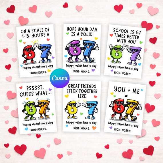 Printable 6 7 Valentine's Day Cards for Kids & Tweens, Editable Six Seven Slang Classroom Exchange Gift Tags, Digital Download
