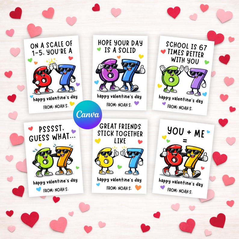 May include: A collection of six Valentine's Day cards with cartoon number characters. Each card has a different message, such as "On a scale of 1-5, you're a 67." The cards are decorated with hearts.