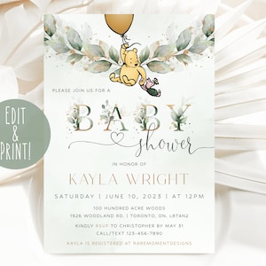 Classic Winnie The Pooh Baby Shower Invitation Template, Winnie The Pooh Greenery Baby Shower Invite, Green & Gold Pooh Bear Shower Invite